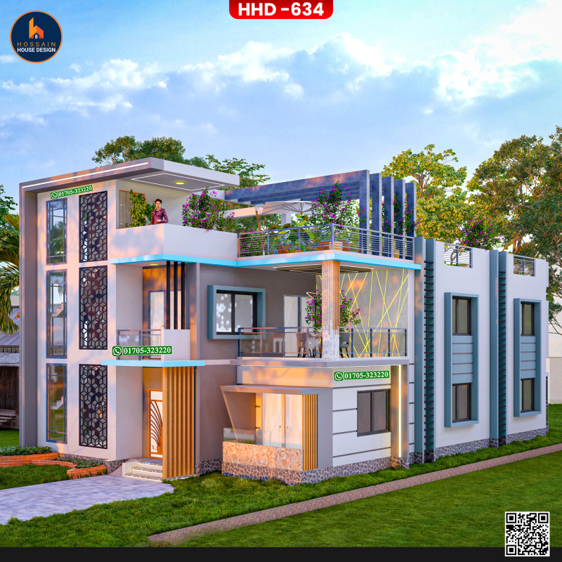 HHD634 – 3 Storied House Design in Bagha, Rajshahi | Modern Multi-Level Home Plan in Bangladesh