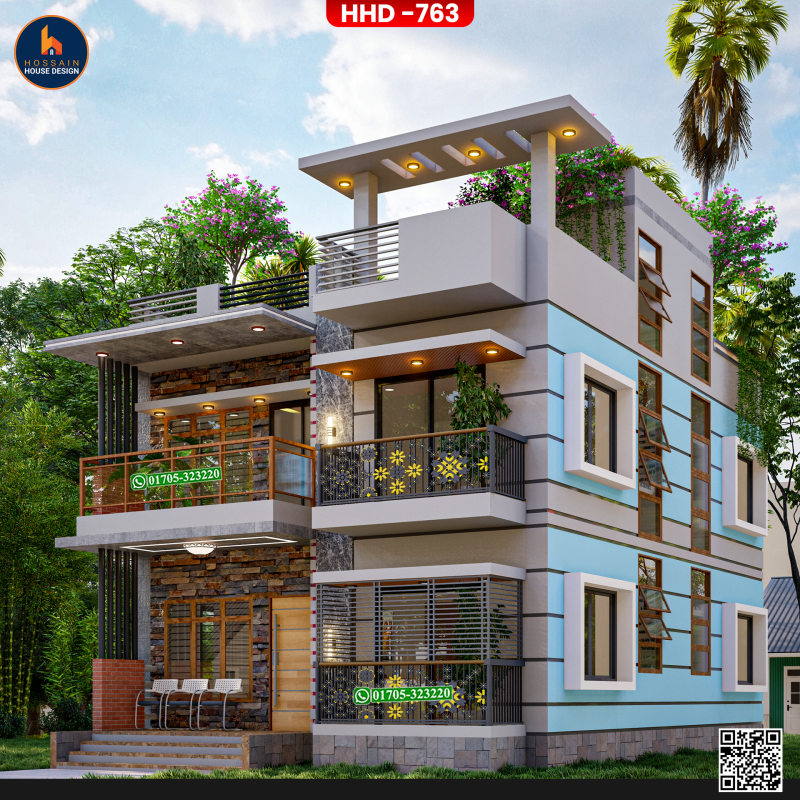 HHD766 Triplex Premium House Design in Naria, Shariatpur | Modern 3 Storied Residential Plan in Bangladesh